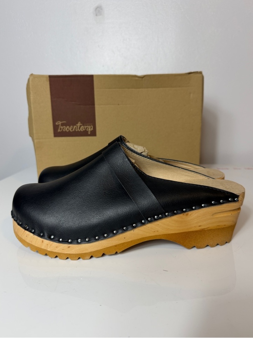 Troentorp Classic Da Vinci Vegan Leather Clog Mule with Natural Wood Sole 43 NIB - Picture 3 of 11